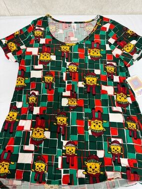 LuLaRoe Green Red White Tunic with Yellow Cat Pattern